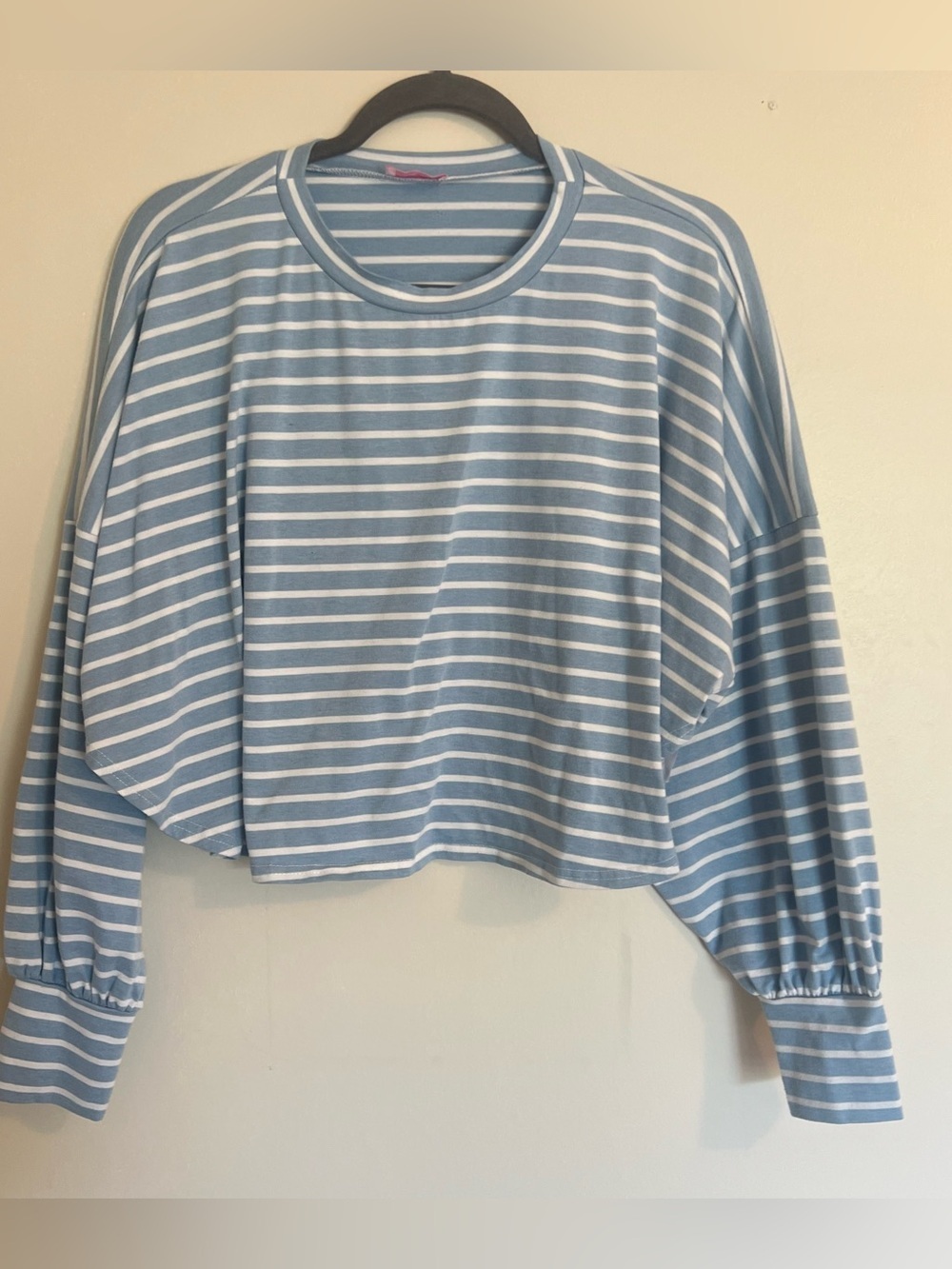 Pink Lily Light Blue & White Striped Cropped Long Sleeve Tee
